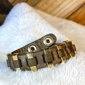 Bronze Leather and Gold Bar Snap Bracelet